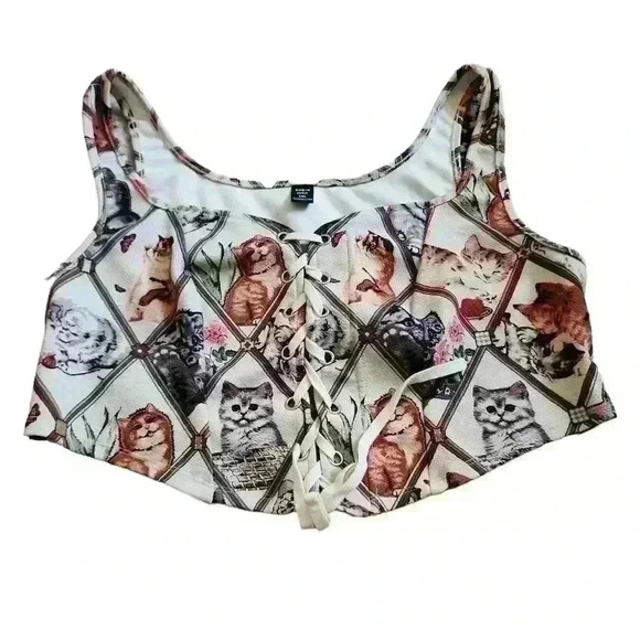 SHEIN MOD Plus Cat Print Lace Up Front Tank Top sz 1XL - Picture 1 of 3